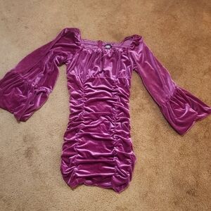 VENUS Magenta Velvet Long Sleeve Ruched Mini Dress